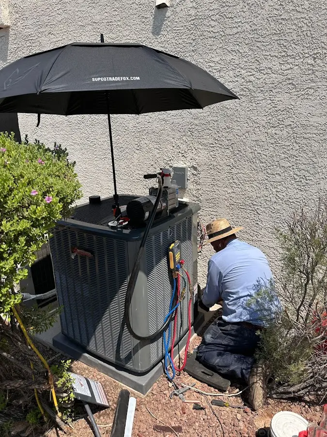HVAC technician performing outdoor AC maintenance in Blooming Grove